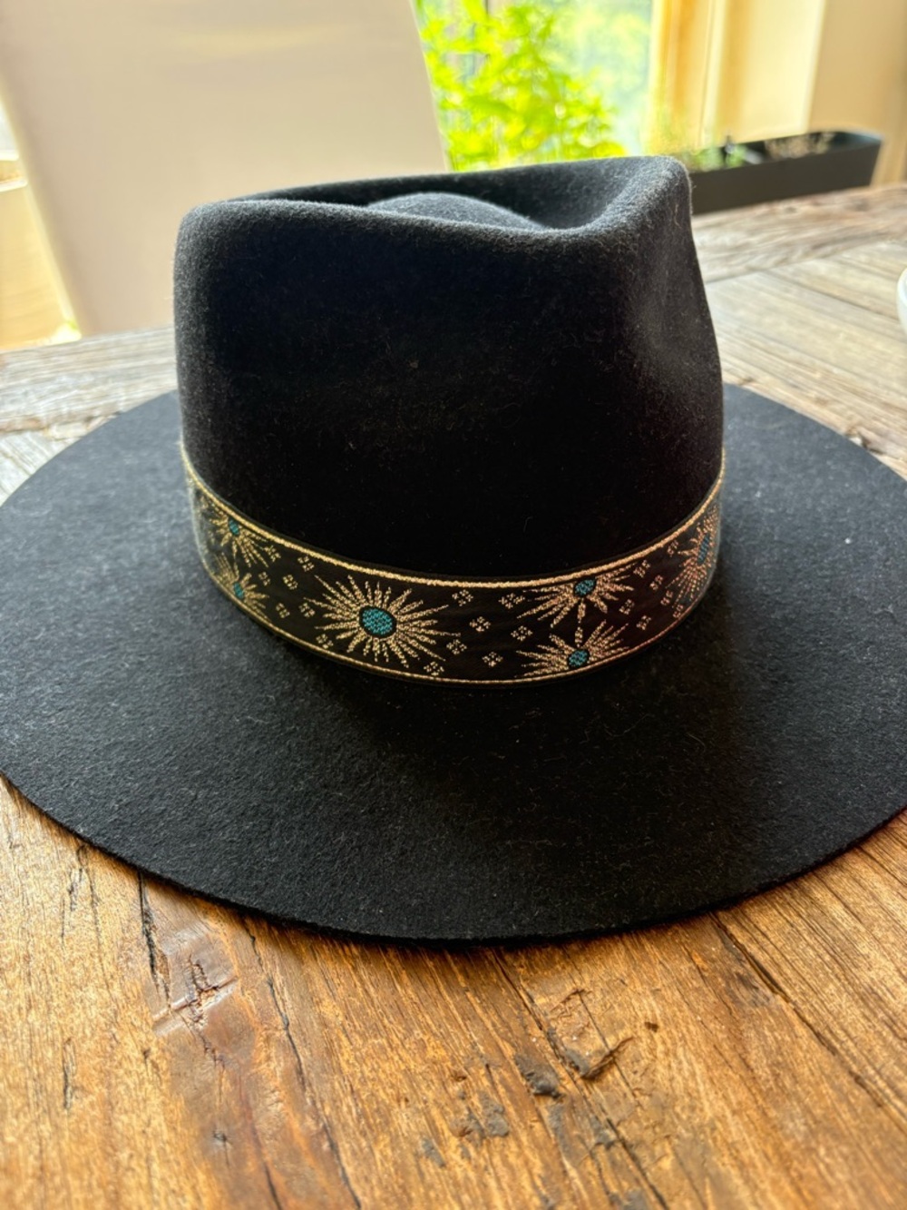 Lack Of Color Black Wide Brim Fedora with Embroidered gold and Turquoise Band - Picture 9 of 12